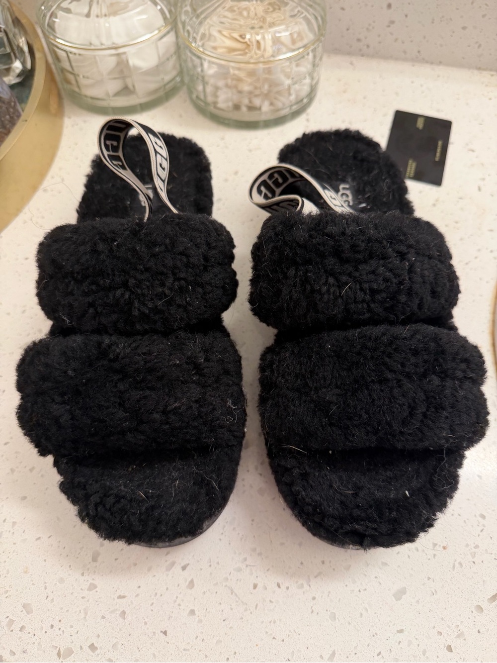 UGG Kids Black Plush Double-Band Slide with Branded Heel Strap